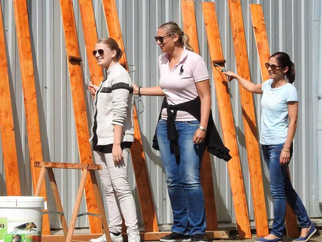 Drei Frauen streichen Holzlatten